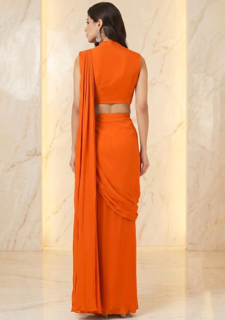 Orange Embroidered Handwork Pre Draped Saree Set - Indya