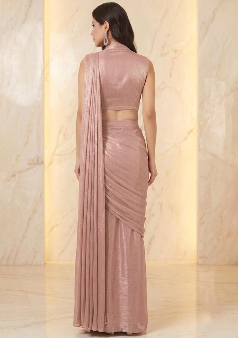 Duaty Pink Embroidered Handwork Pre Draped Saree Set - Indya
