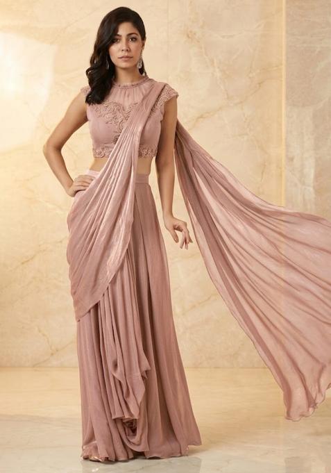 Duaty Pink Embroidered Handwork Pre Draped Saree Set