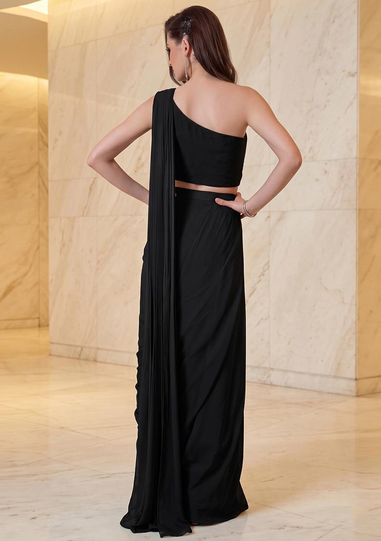 Black Embroidered Handwork Pre Draped Saree Set - Indya