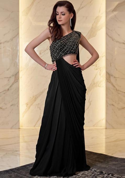 Black Embroidered Handwork Pre Draped Saree Set