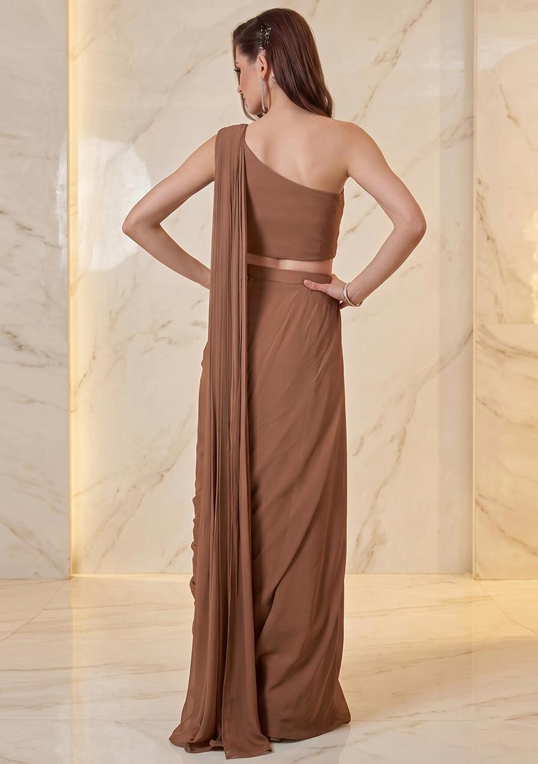 Brown Embroidered Handwork Pre Draped Saree Set - Indya