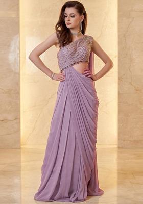 Lavender Embroidered Handwork Pre Draped Saree Set