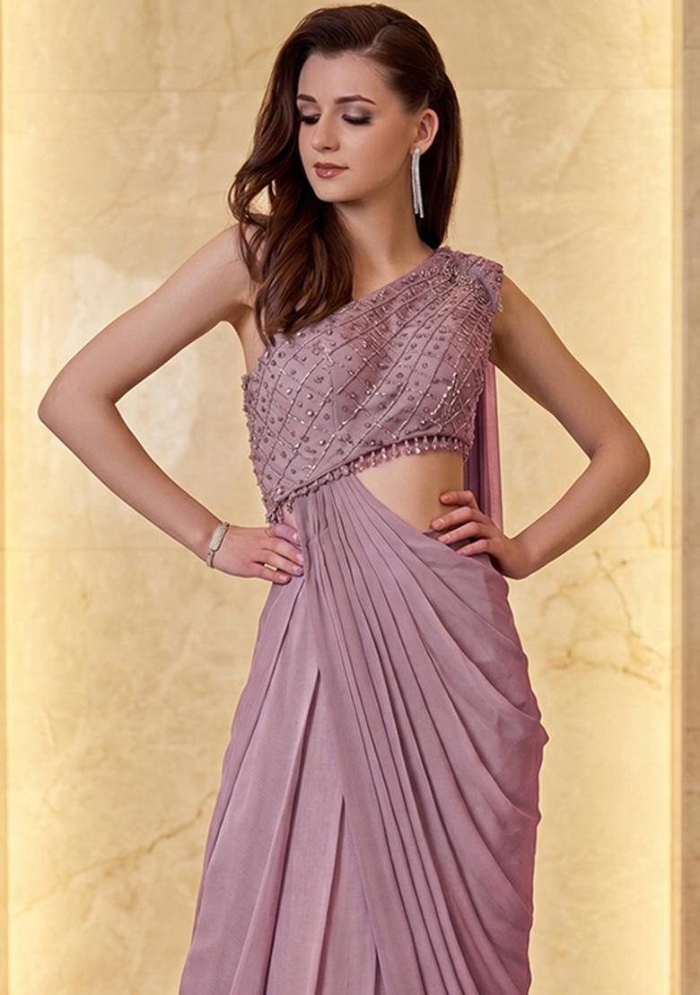 Dusty Pink Embroidered Handwork Pre Draped Saree Set - Indya