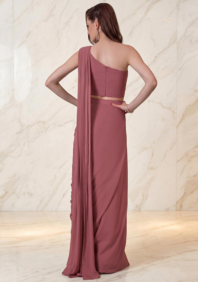 Mauve Embroidered Handwork Pre Draped Saree Set - Indya