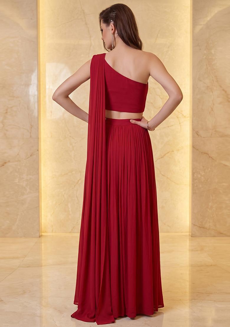 Crimson Red Embroidered Handwork Pre Draped Saree Set - Indya
