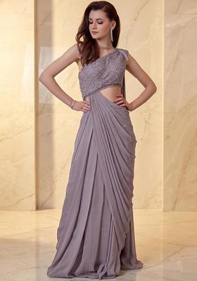 Lavender Embroidered Handwork Pre Draped Saree Set
