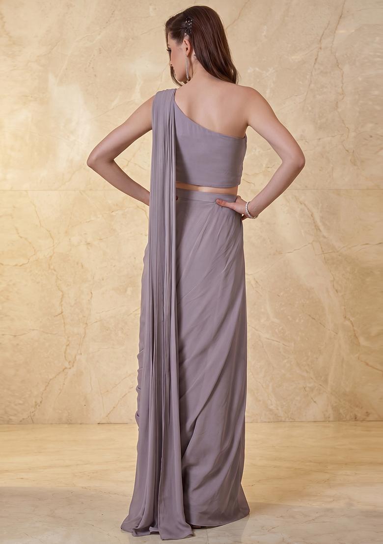 Lavender Embroidered Handwork Pre Draped Saree Set - Indya