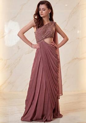 Mauve Embroidered Handwork Pre Draped Saree Set