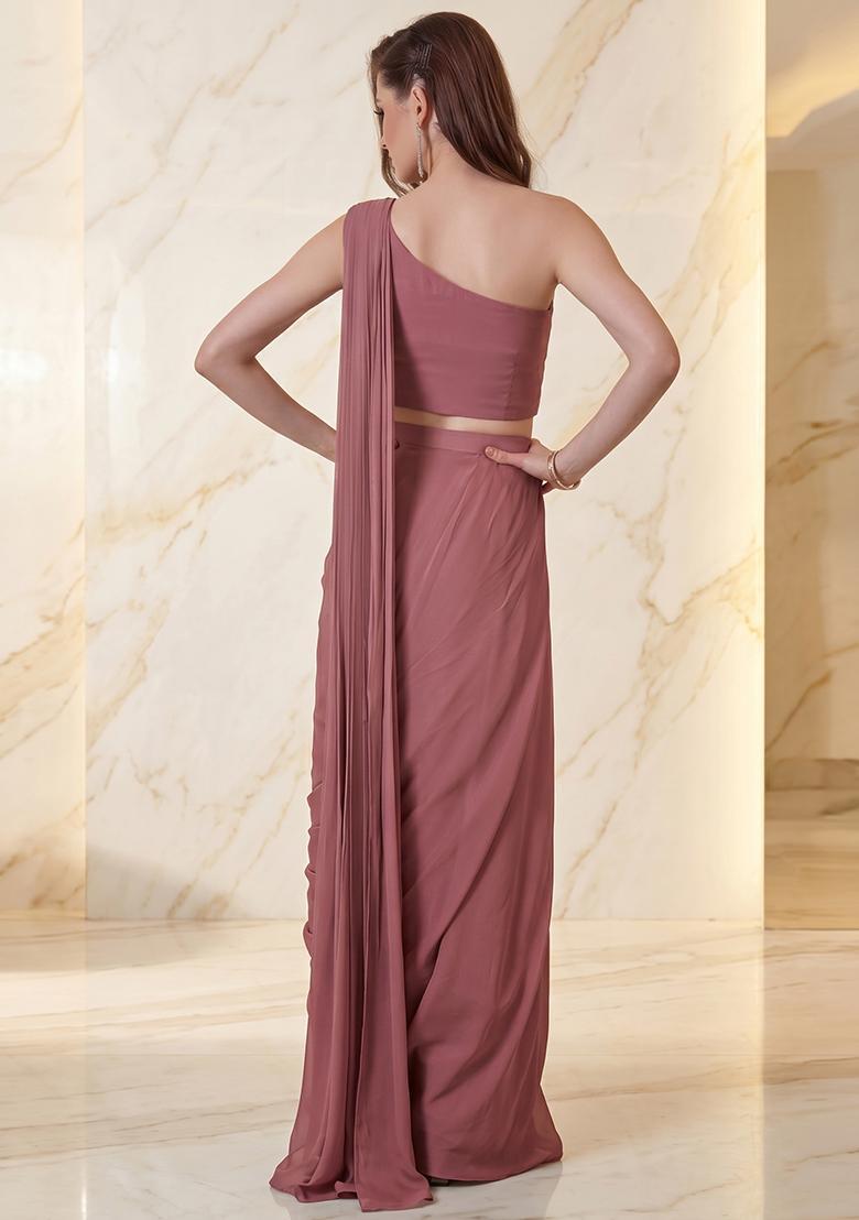 Mauve Embroidered Handwork Pre Draped Saree Set - Indya