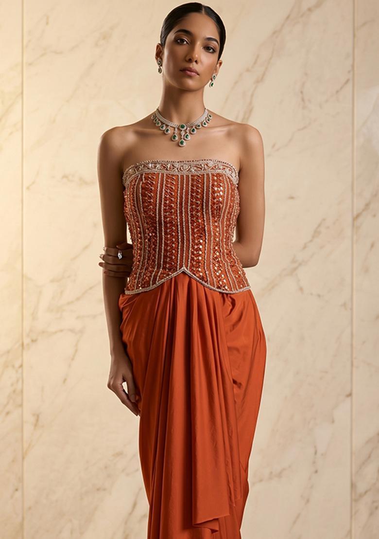 Orange Embroidered Handwork Fusion Set - Indya