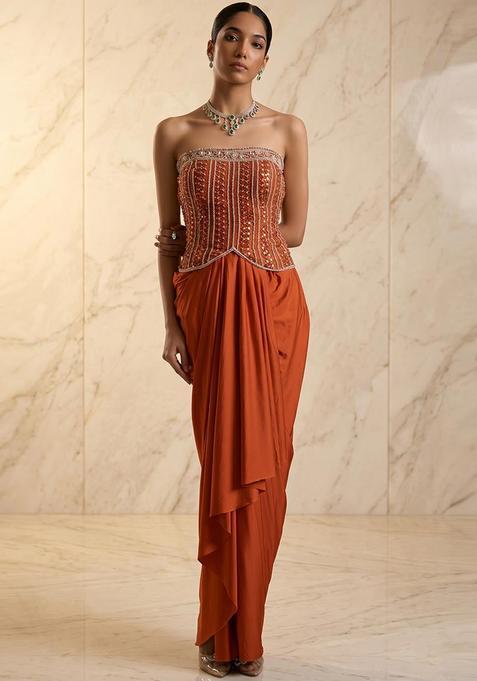 Orange Embroidered Handwork Fusion Set
