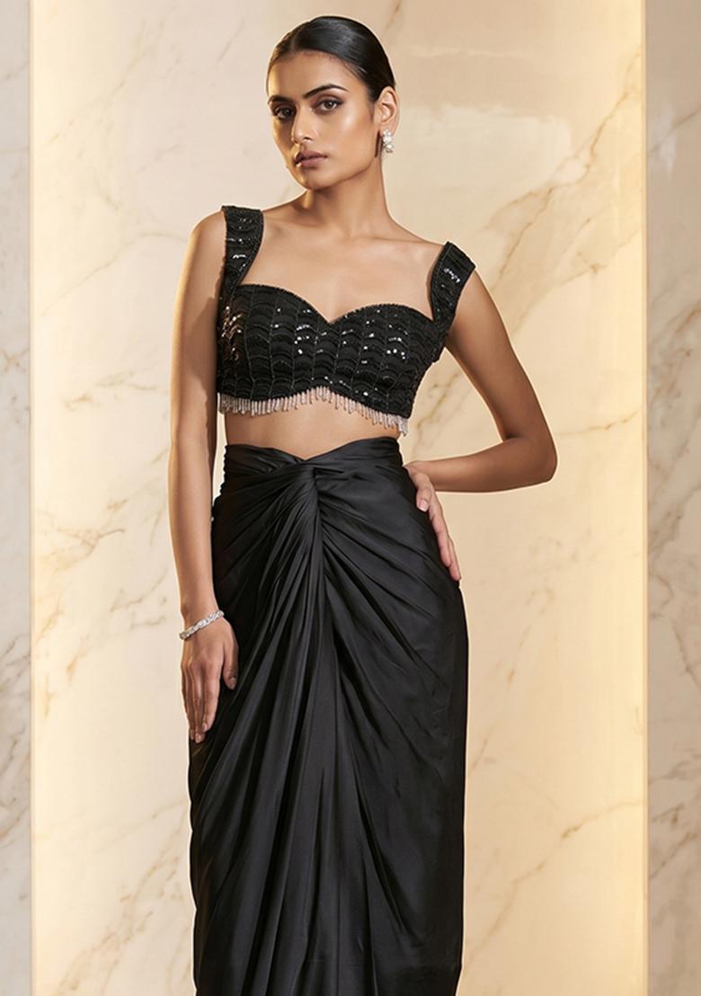 Black Embroidered Handwork Fusion Set - Indya