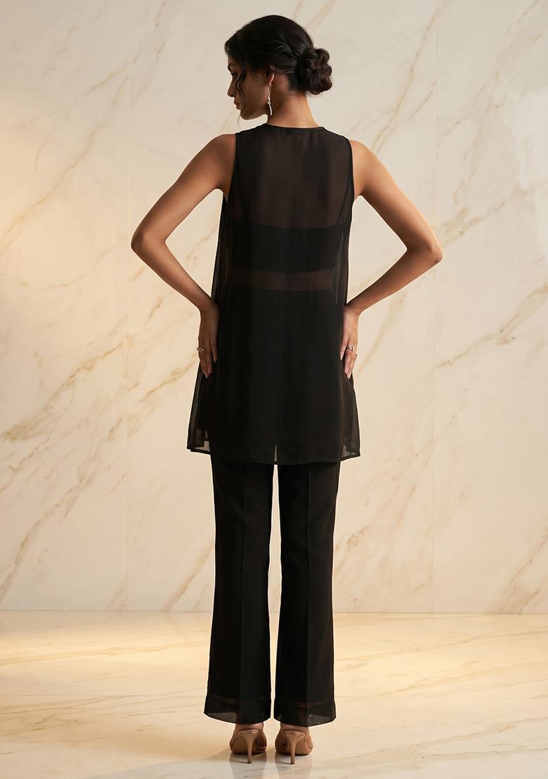 Black Embroidered Handwork Fusion Set - Indya