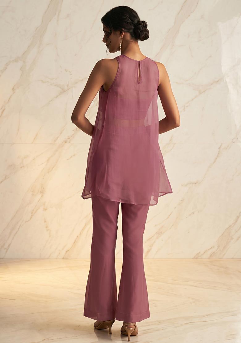 Mauve Embroidered Handwork Fusion Set - Indya