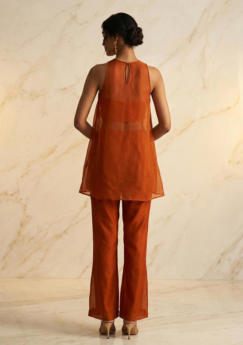 Orange Embroidered Handwork Fusion Set - Indya