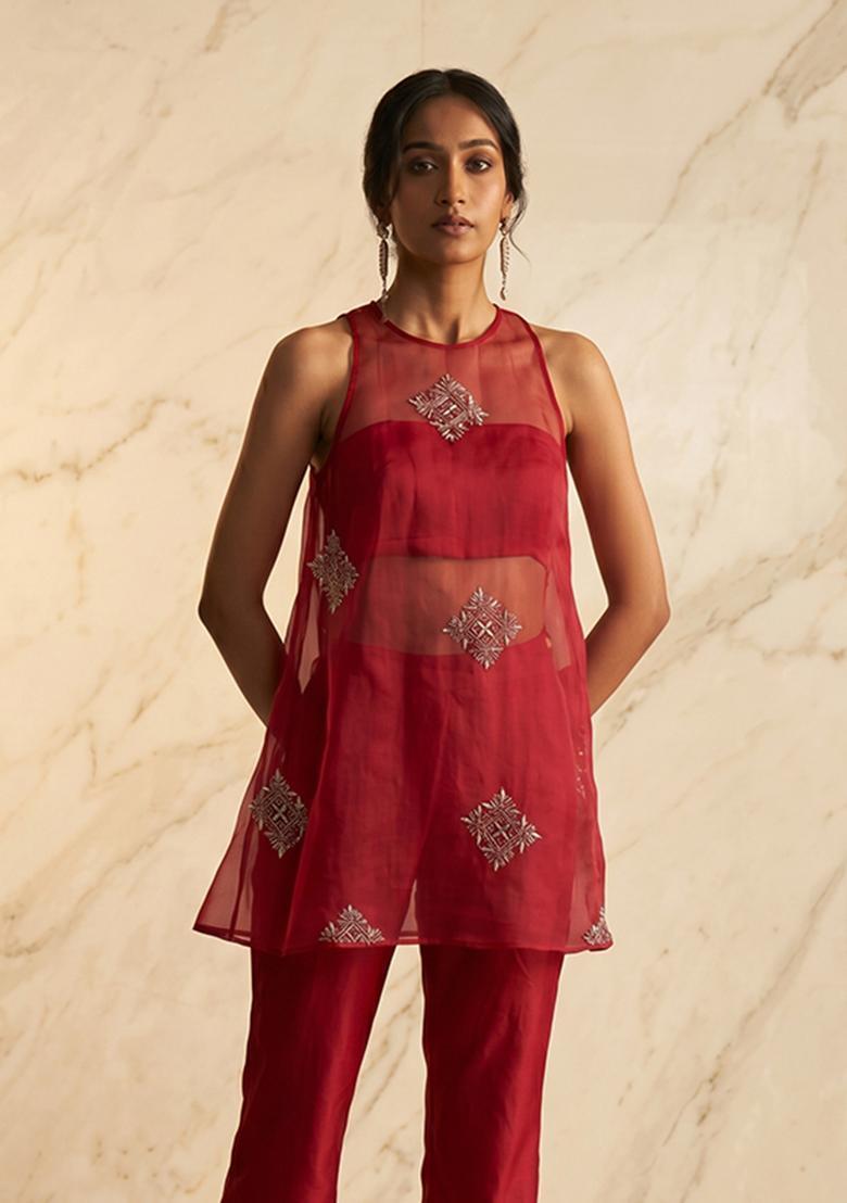 Red Embroidered Handwork Fusion Set - Indya