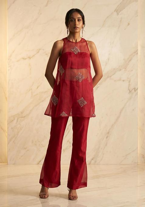 Red Embroidered Handwork Fusion Set