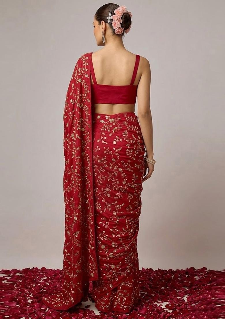 Red Embroidered Crepe Pre Draped Saree Set - Indya