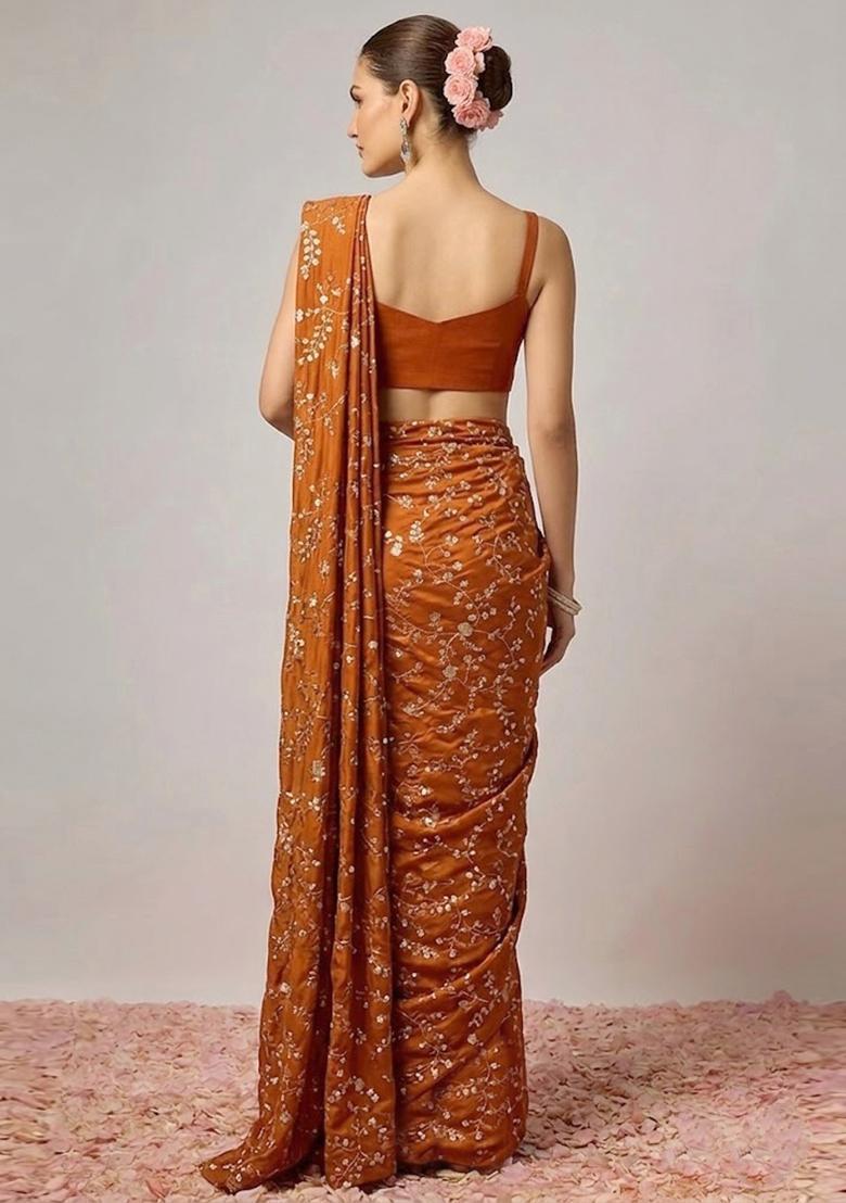 Orange Embroidered Crepe Pre Draped Saree Set - Indya