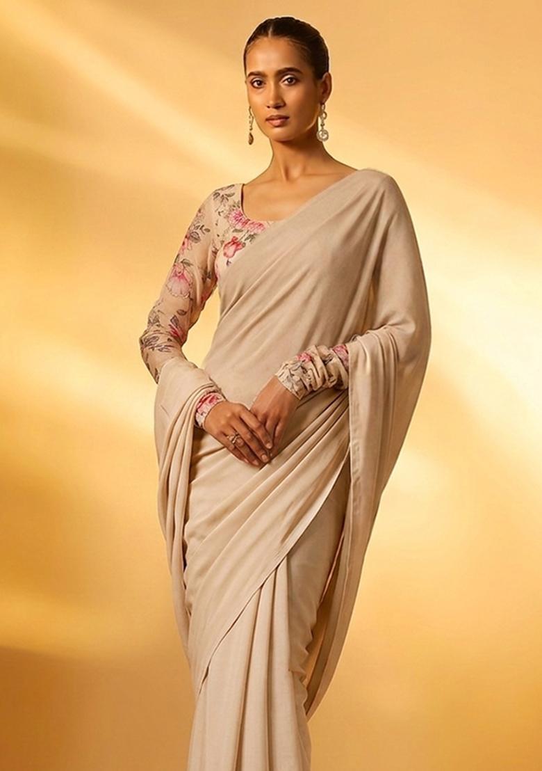 Sand Beige Printed Organza Pre Draped Saree Set - Indya
