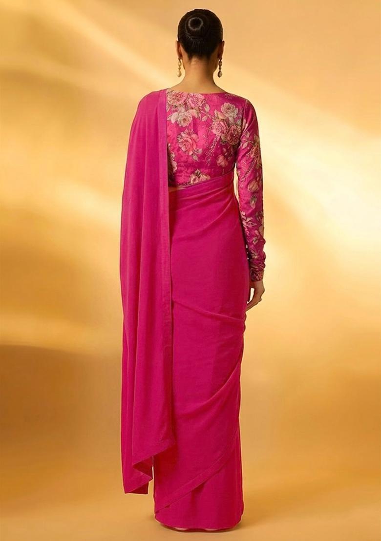Rani Pink Printed Organza Pre Draped Saree Set - Indya