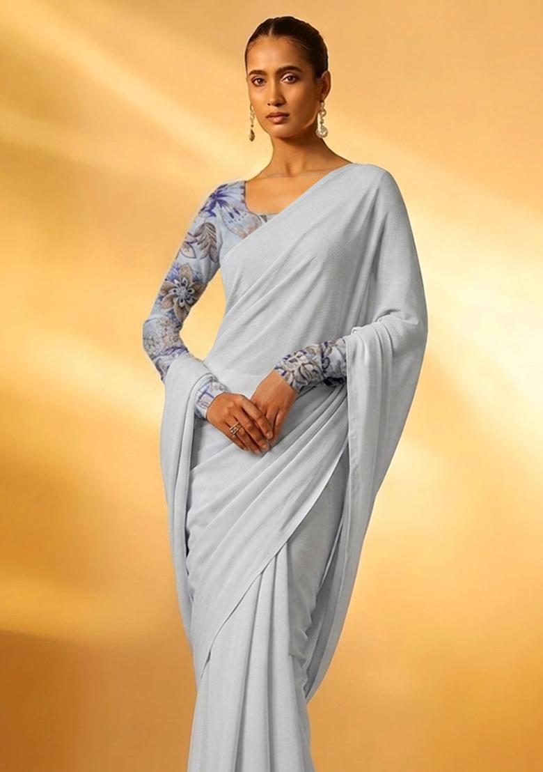 Pastel Blue Printed Organza Pre Draped Saree Set - Indya