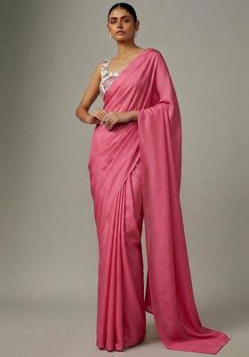 Pink Printed Crepe Pre Draped Saree Set