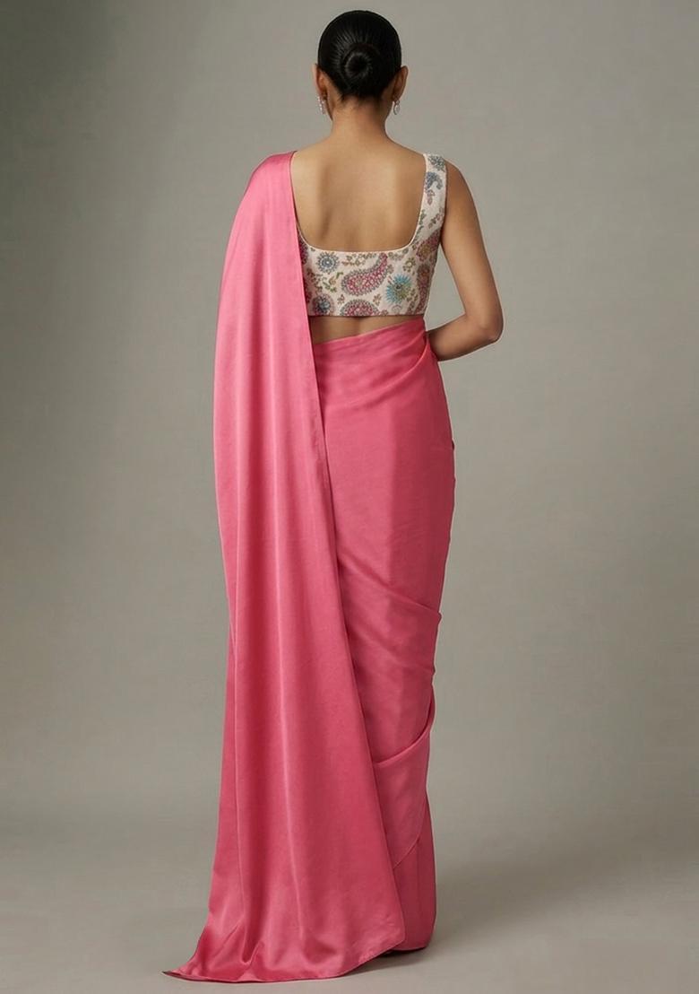 Pink Printed Crepe Pre Draped Saree Set - Indya