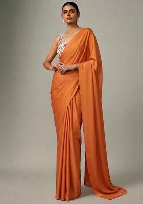 Orange Printed Crepe Pre Draped Saree Set
