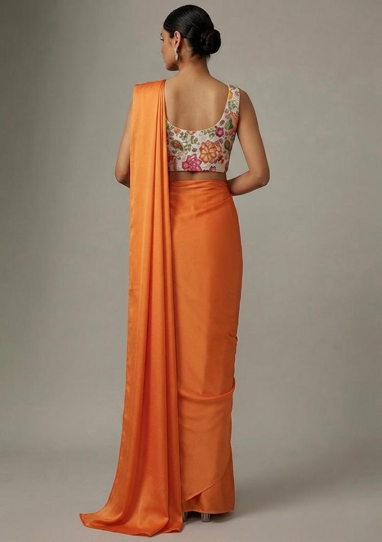 Orange Printed Crepe Pre Draped Saree Set - Indya
