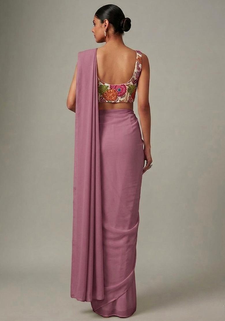 Pink Printed Crepe Pre Draped Saree Set - Indya