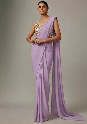 Lavender Printed Crepe Pre Draped Saree Set