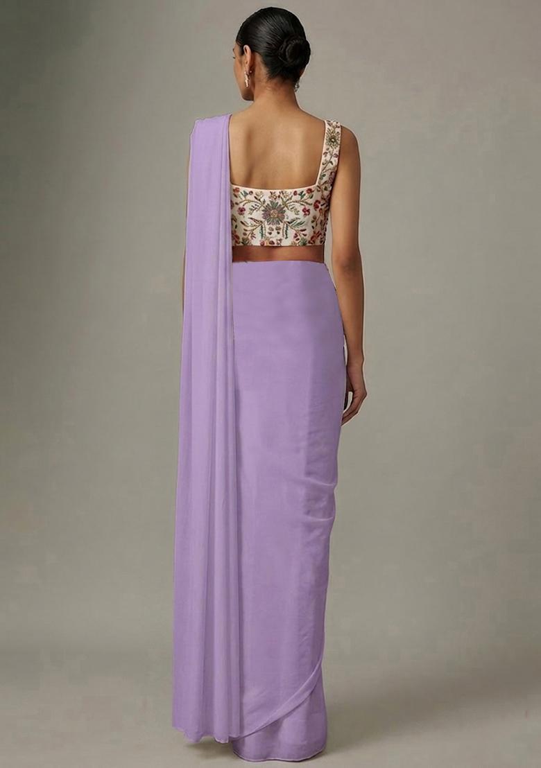 Lavender Printed Crepe Pre Draped Saree Set - Indya