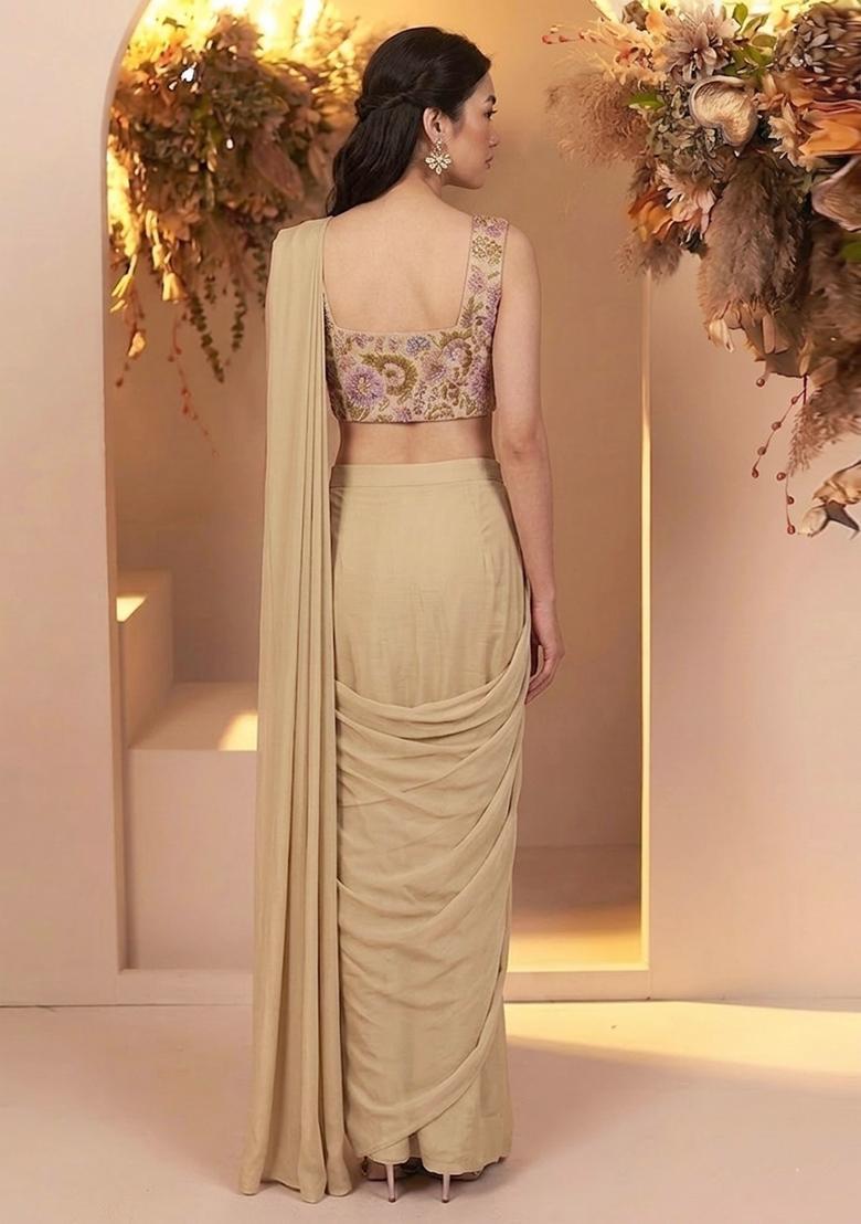 Soft Beige Printed Chinon Pre Draped Saree Set - Indya