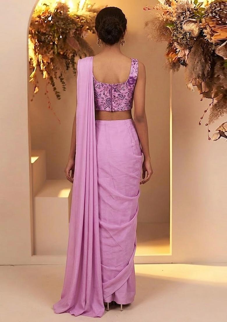 Pink Printed Chinon Pre Draped Saree Set - Indya