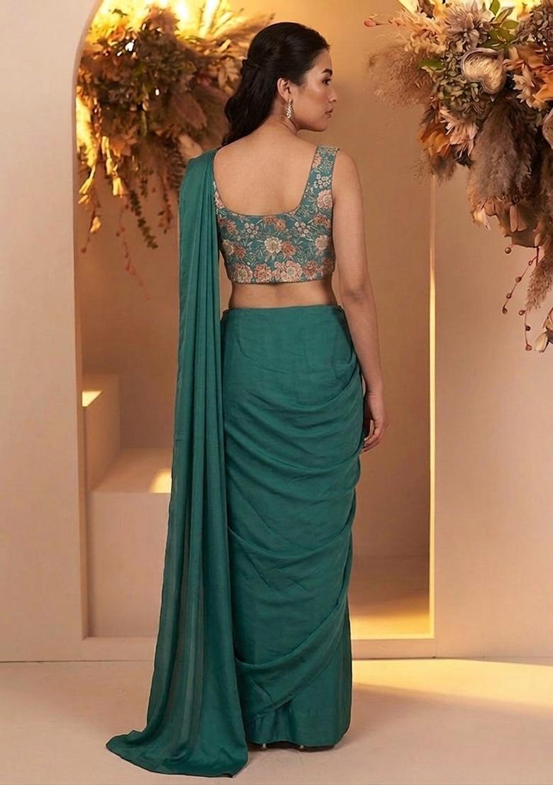 Bottle Green Printed Chinon Pre Draped Saree Set - Indya