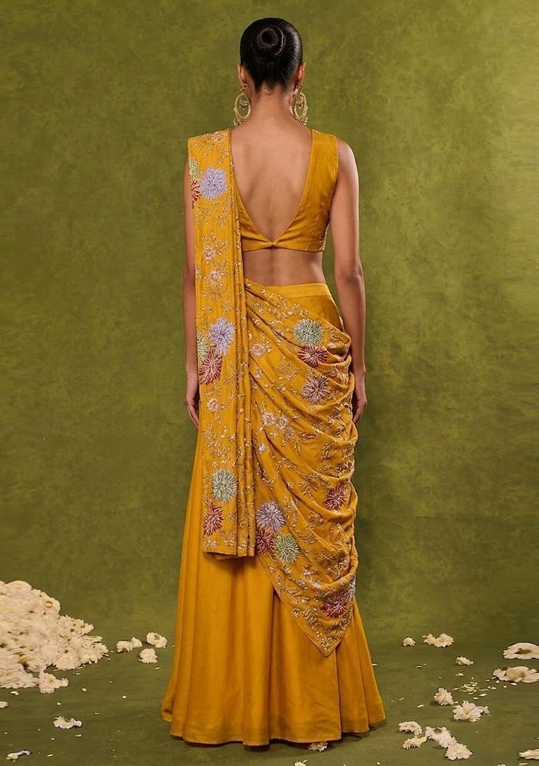 Mustard Embroidered Crepe Lehenga Set - Indya