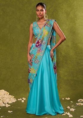 Blue Embroidered Crepe Lehenga Set