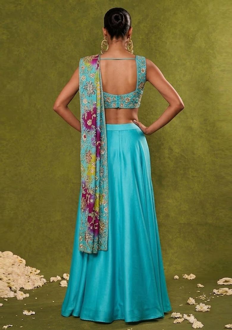 Blue Embroidered Crepe Lehenga Set - Indya