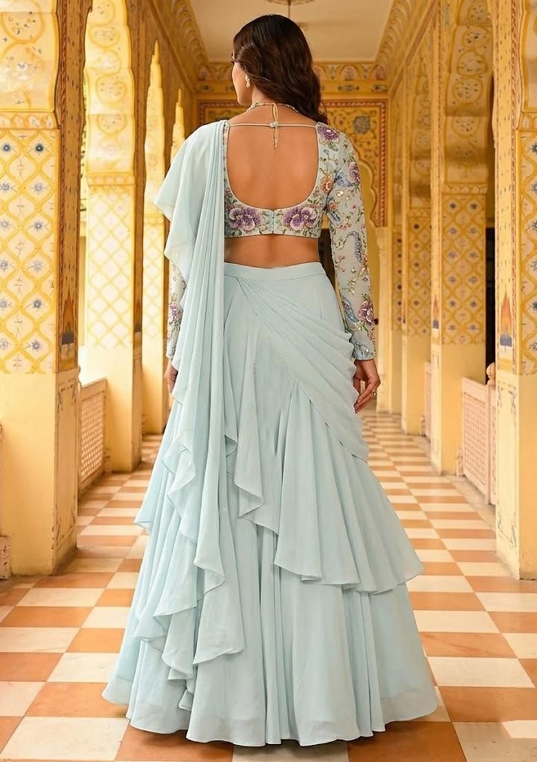 White Printed Crepe Lehenga Set - Indya