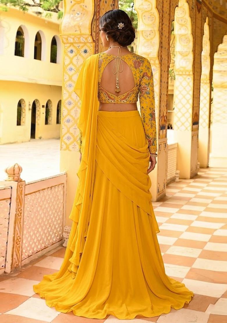 Mustard Printed Crepe Lehenga Set - Indya