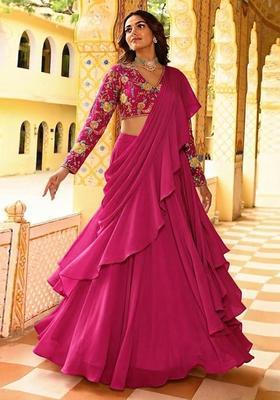 Rani Pink Printed Crepe Lehenga Set
