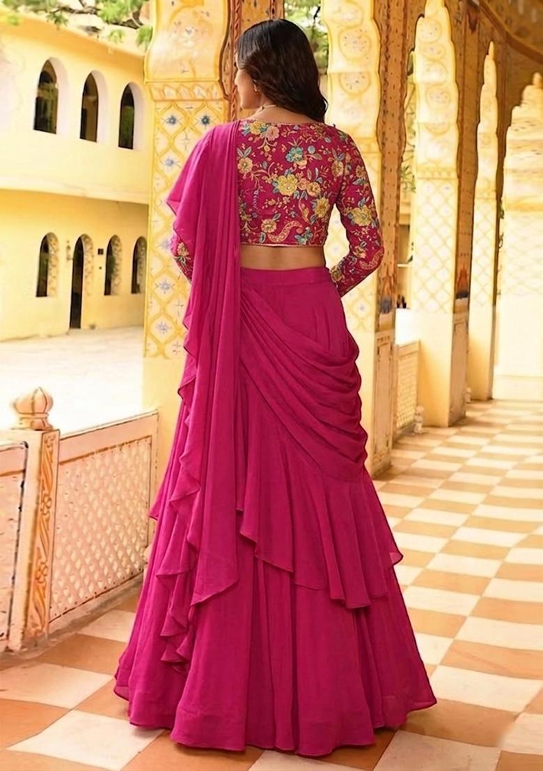 Rani Pink Printed Crepe Lehenga Set - Indya