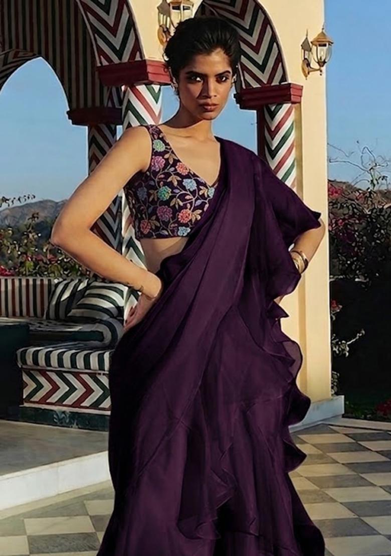 Deep Purple Printed Crepe Fusion Set - Indya