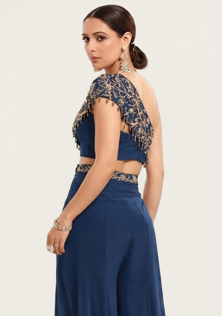 Navy Blue Embroidered Handwork Fusion Set - Indya