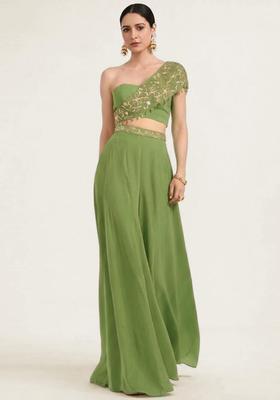 Olive Green Embroidered Handwork Fusion Set