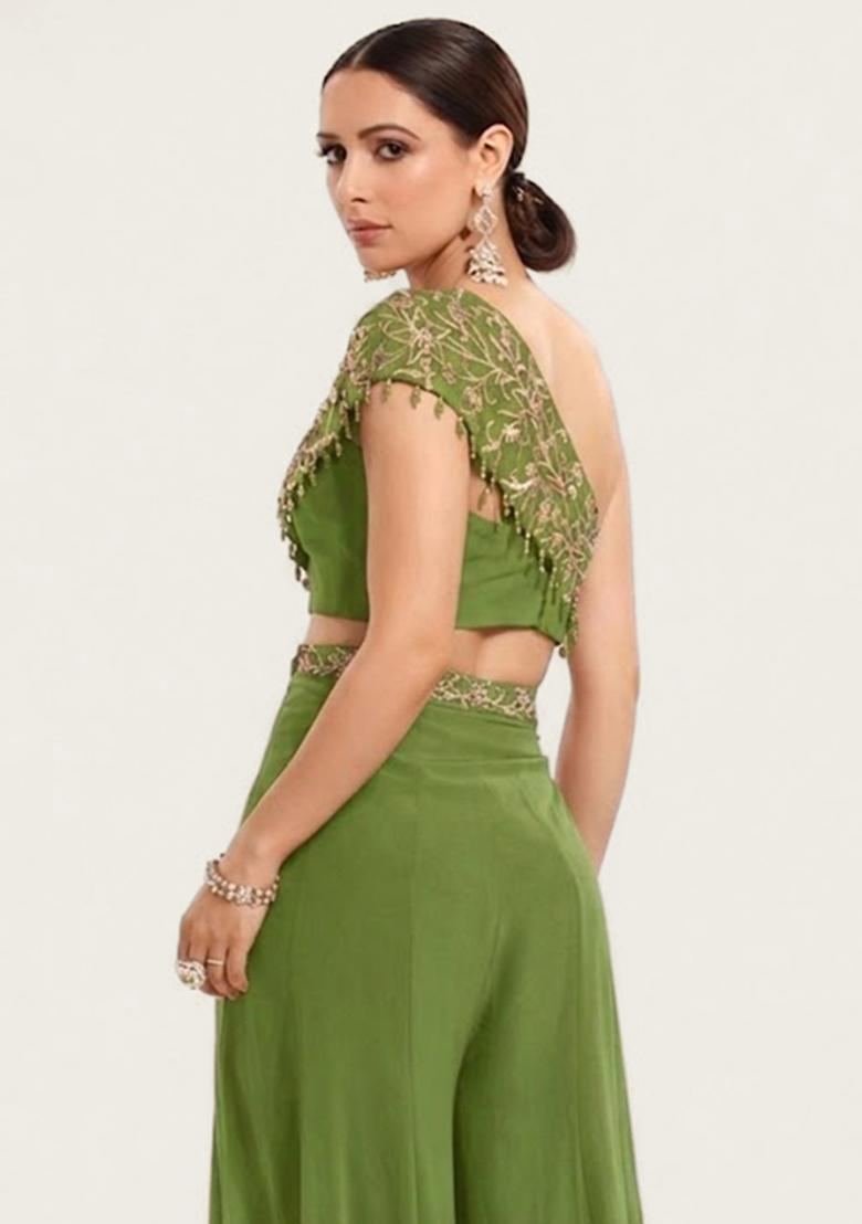 Olive Green Embroidered Handwork Fusion Set - Indya