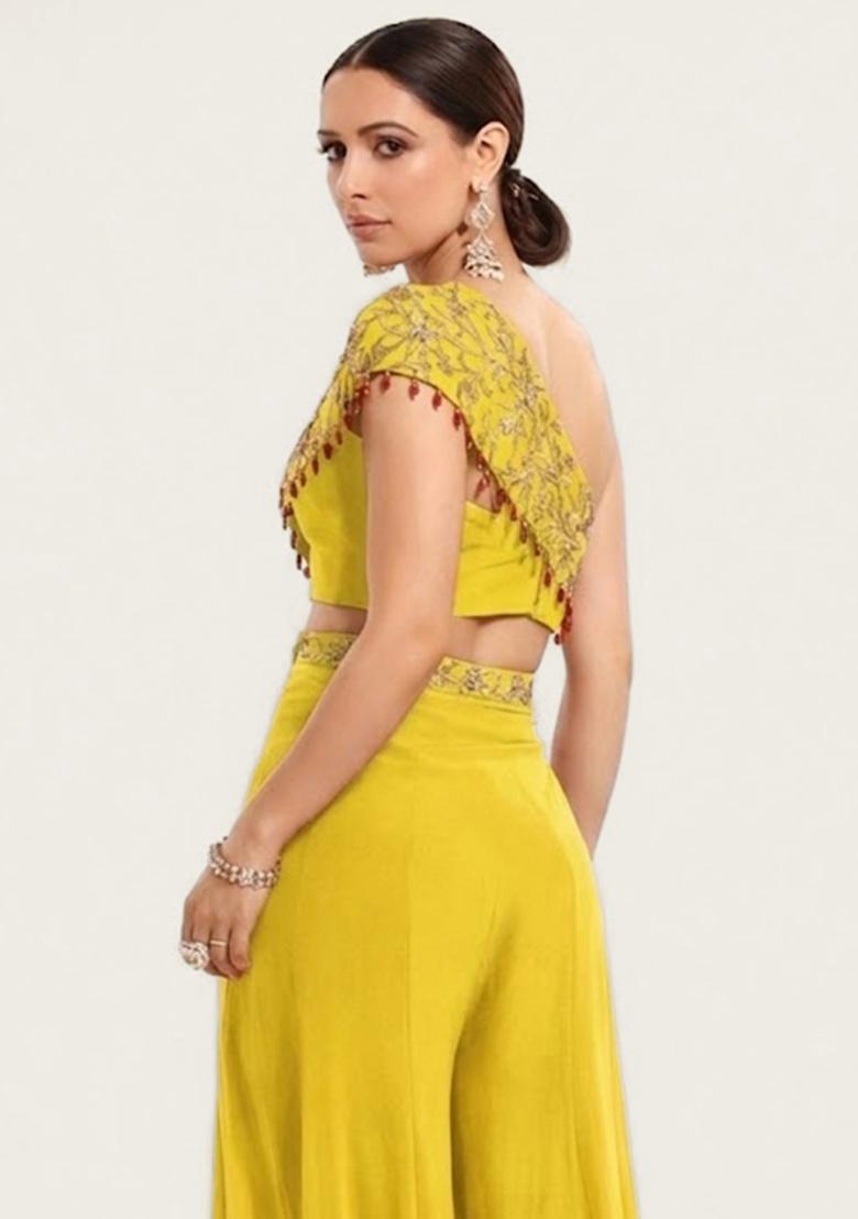 Yellow Embroidered Handwork Fusion Set - Indya