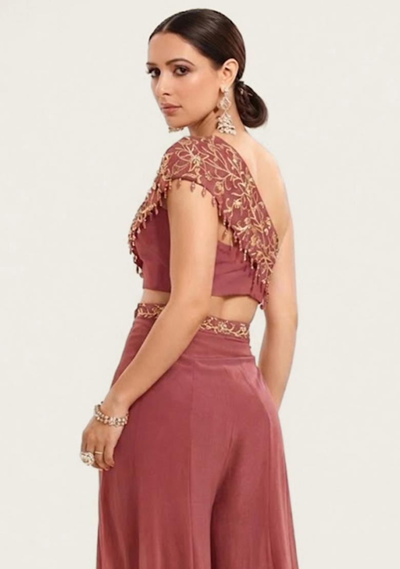 Mauve Embroidered Handwork Fusion Set - Indya